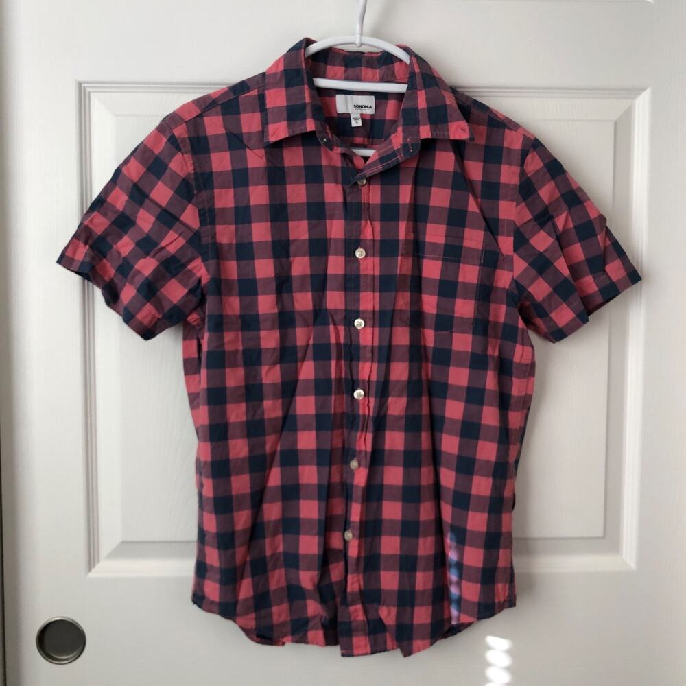 Men's Short Sleeve Pink & Blue Plaid Button Down Small Dress Shirt Sonoma S